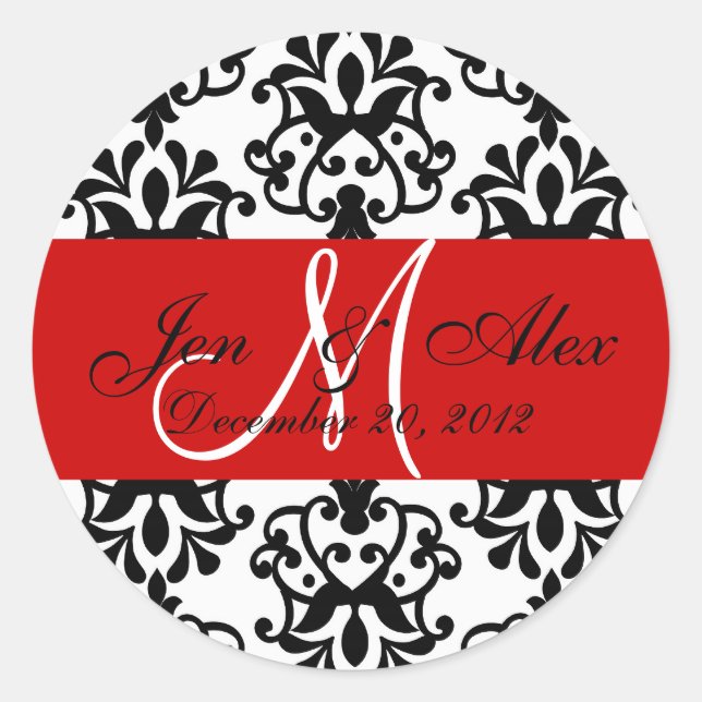 Wedding Monogram Save Date Damask Red Seal (Front)