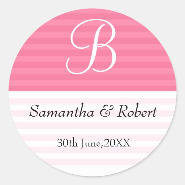 Wedding Monogram Stickers:Pink Stripes Classic Round Sticker (Front)