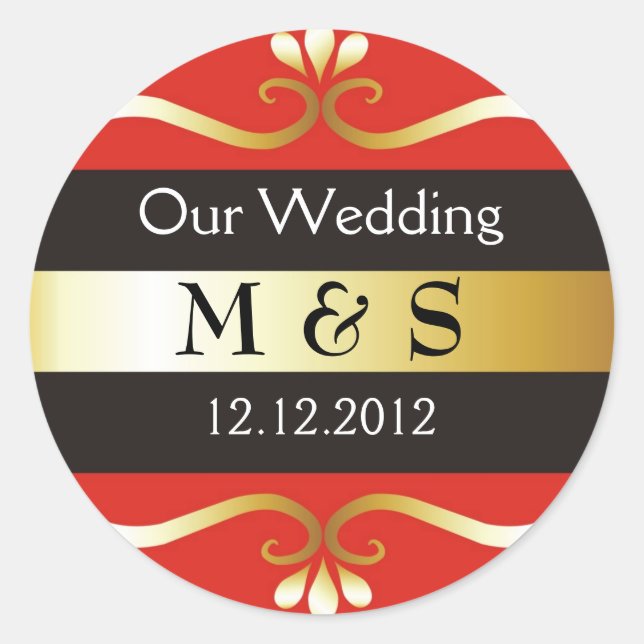 Wedding Monogram Stickers - Red & Gold (Front)