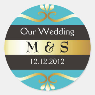 Wedding Monogram Stickers - Teal & Gold