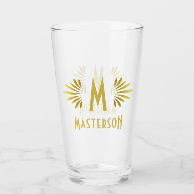 Wedding Monogram Surname Art Deco Gold Flourish Glass (Front)