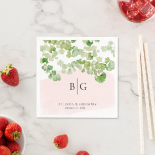 Wedding Monogram Watercolor Greenery Blush Pink Napkin