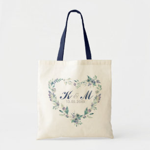 Wedding Monogram Watercolor Heart Floral Wreath Tote Bag