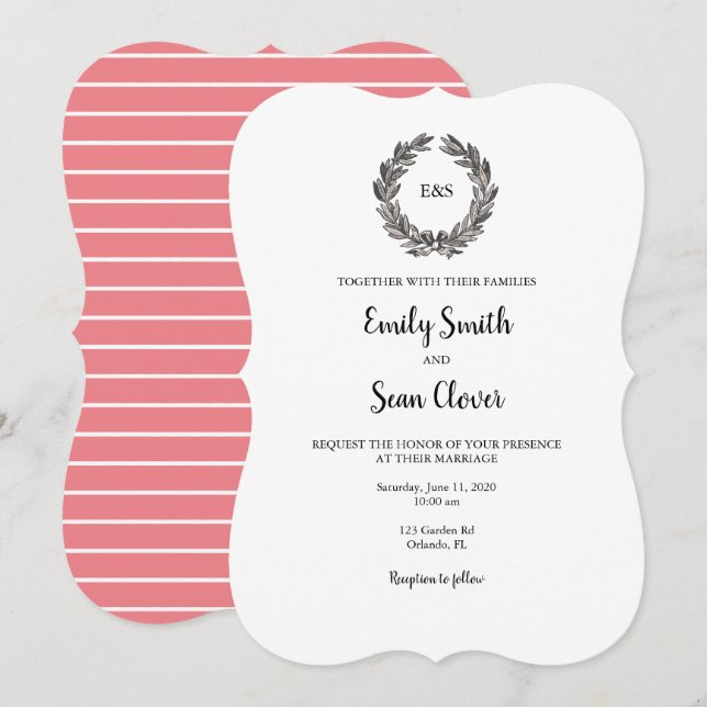 Wedding Monogram Wreath Stripe Invitation (Front/Back)