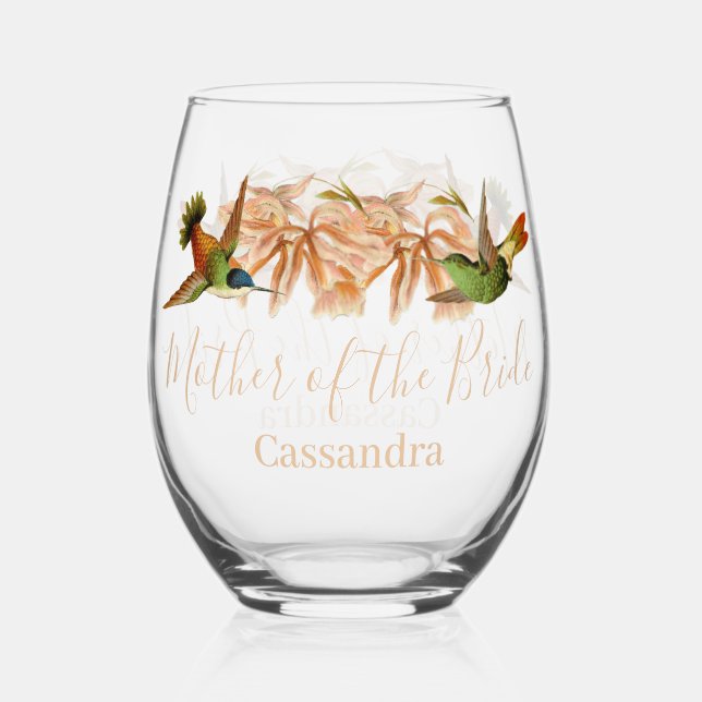 Wedding Mother of Bride Gift Hummingbird  Stemless Wine Glass (Front)