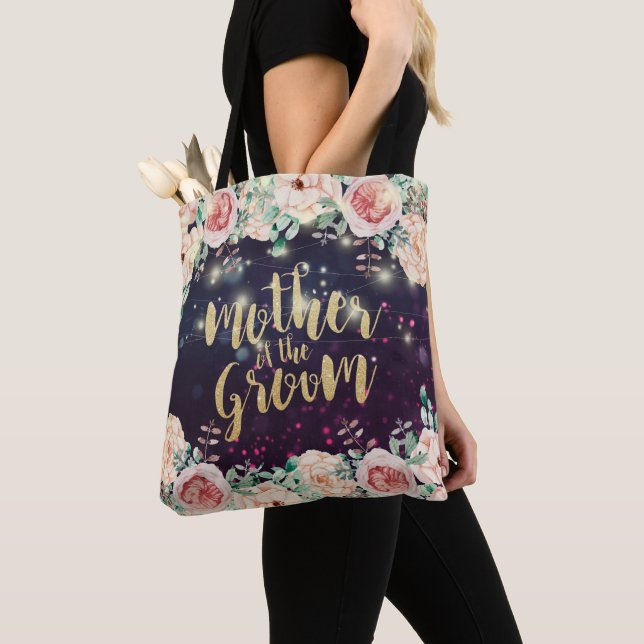 Wedding Mother of the Groom Floral Purple Sparkle Tote Bag (Close Up)