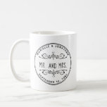Wedding Mr. And Mrs. Couple Monogrammed Names Coffee Mug<br><div class="desc">This Mr. and Mrs. coffee mug is the perfect wedding gift for the newlyweds or anniversary gift for a married couple. This simple but elegant design features a double ring on the border circle and in the centre between two decorative flourishes with hearts it reads "Mr. And Mrs." Above is...</div>
