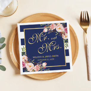 Wedding Mr. and Mrs. Floral Gold Navy Blue Stripes Napkin