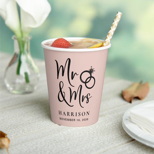 Wedding Mr Mrs Blush Pink Paper Cups (Insitu)