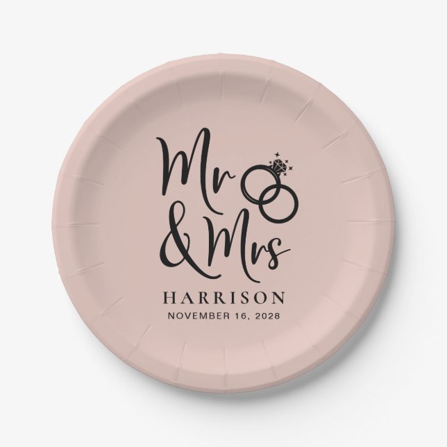 Wedding Mr Mrs Blush Pink Paper Plate (Front)