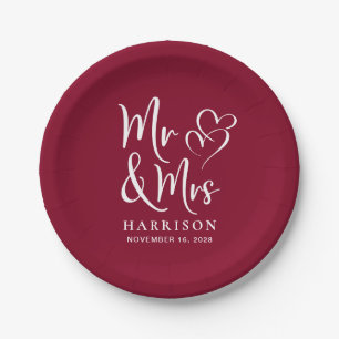 Wedding Mr Mrs Burgundy Paper Plate