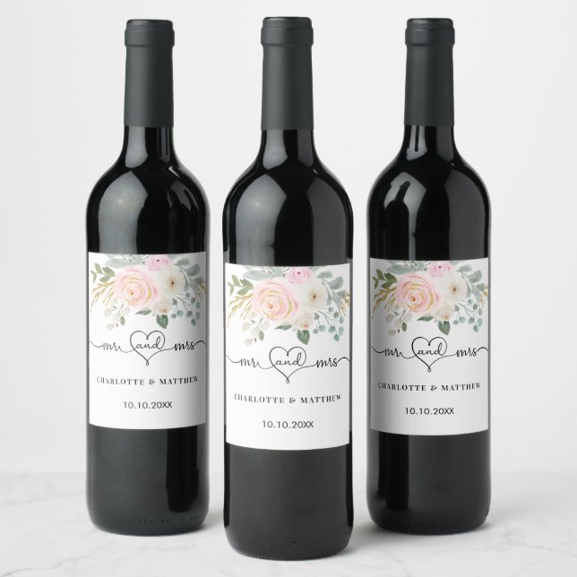 Wedding mr mrs heart blush florals script wine label (Bottles)