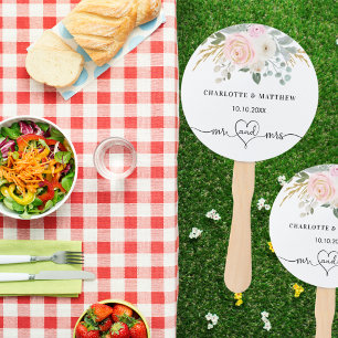 Wedding mr mrs heart script blush floral white hand fan