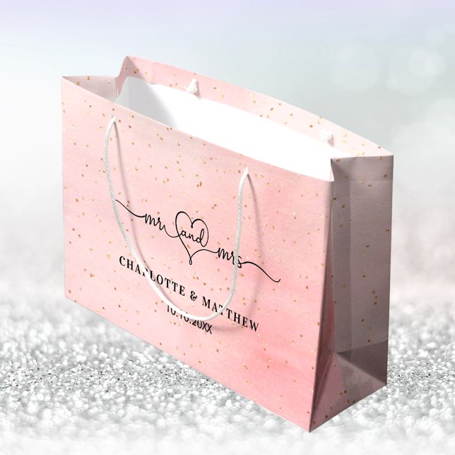 Wedding mr mrs heart script blush pink gold large gift bag (Creator Uploaded)