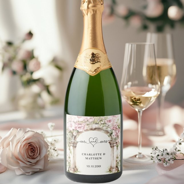 Wedding mr mrs heart script pink florals arch sparkling wine label (Creator Uploaded)