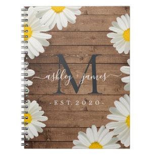 Wedding Mr Mrs Monogram Daisies Floral Rustic Wood Notebook