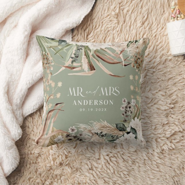 Wedding Mr Mrs pampas eucalyptus modern boho gift  Cushion (Blanket)