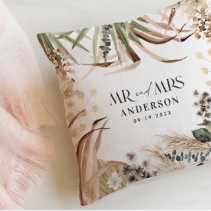 Wedding Mr Mrs pampas eucalyptus modern boho gift Cushion