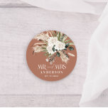 Wedding Mr Mrs pampas grass, eucalyptus botanical  Classic Round Sticker<br><div class="desc">Wedding Mr and Mrs pampas grass,  eucalyptus botanical black,  white and terracotta modern boho party favour decor gift sticker.</div>