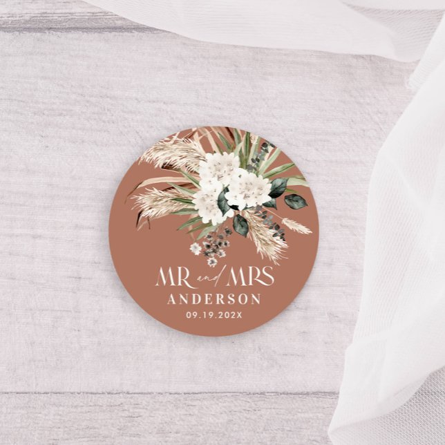 Wedding Mr Mrs pampas grass, eucalyptus botanical  Classic Round Sticker (Creator Uploaded)