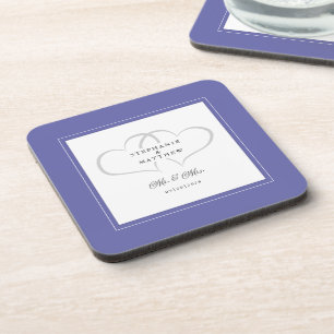 Wedding Mr & Mrs Very Peri Blue Elegant Hearts Coaster