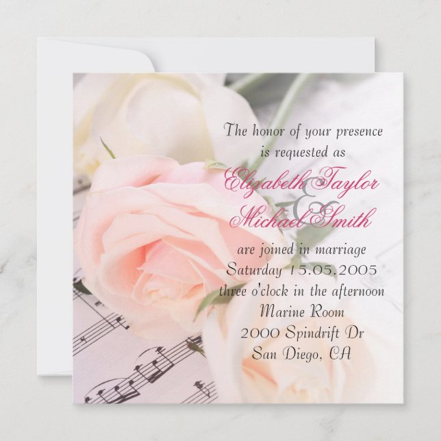 Wedding Music Light Pink Roses Wedding Invite (Front)