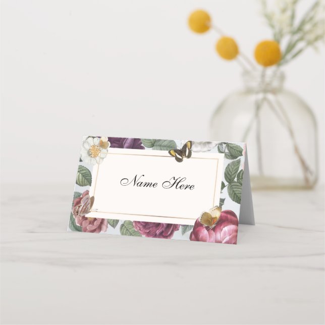 Wedding Name Bloom Floral Flower Butterfly Place Card (Front)