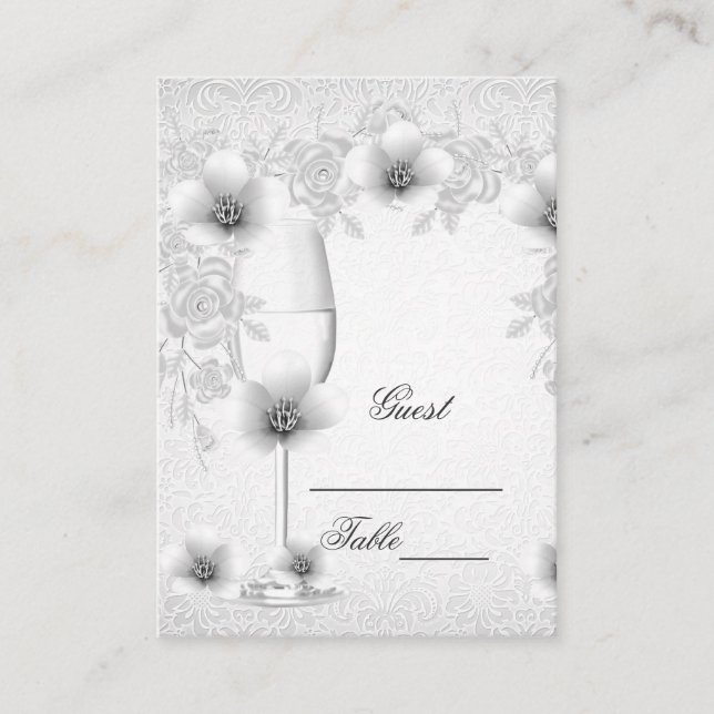 Wedding Name Place Cards White Silver Rose Blossom (Front)
