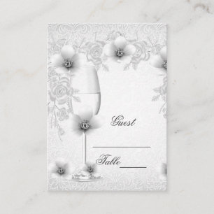 Wedding Name Place Cards White Silver Rose Blossom