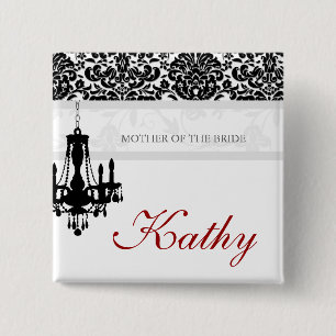 Wedding Name Tag Button Chandelier BW Damask