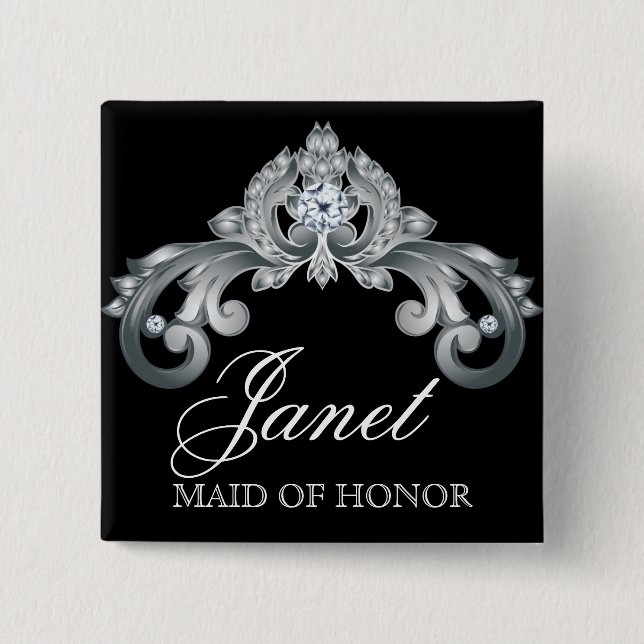 Wedding Name Tag Button Elegant Black Silver (Front)