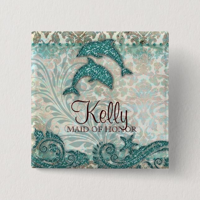 Wedding Name Tag Button Sparkle Dolphins Teal (Front)
