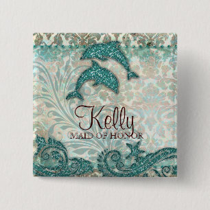 Wedding Name Tag Button Sparkle Dolphins Teal