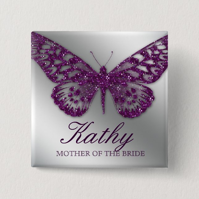 Wedding Name Tag Button Sparkle Purple Butterfly (Front)