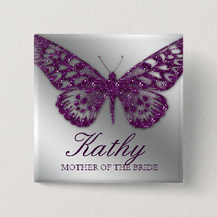 Wedding Name Tag Button Sparkle Purple Butterfly