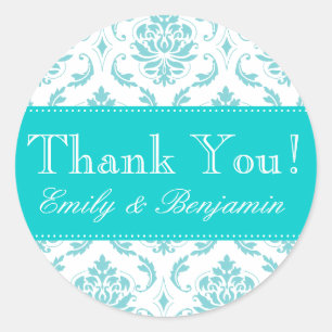 Wedding Names Aqua Damask Thank You Labels