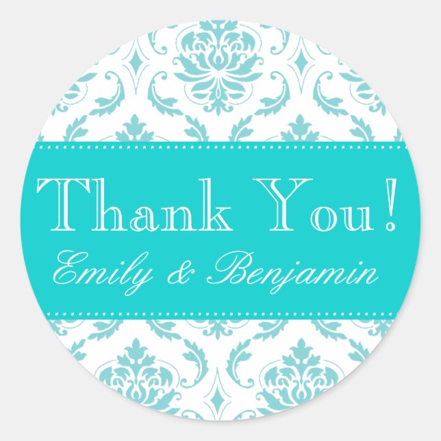 Wedding Names Aqua Damask Thank You Labels (Front)
