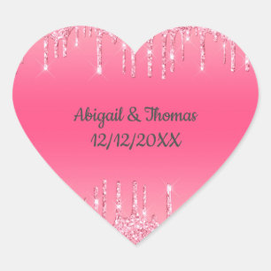 Wedding Names Date Pink Dripping Glitter Trendy Heart Sticker