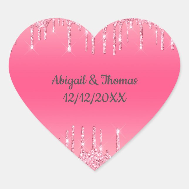 Wedding Names Date Pink Dripping Glitter Trendy Heart Sticker (Front)