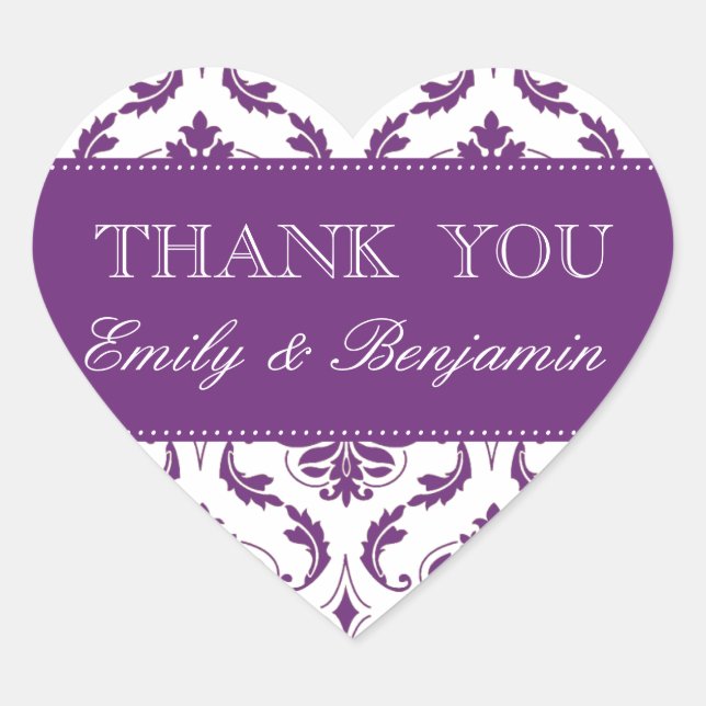 Wedding Names Purple Damask Thank You Labels (Front)