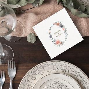 Wedding Napkin with Soft Peach & Blue Flowers
