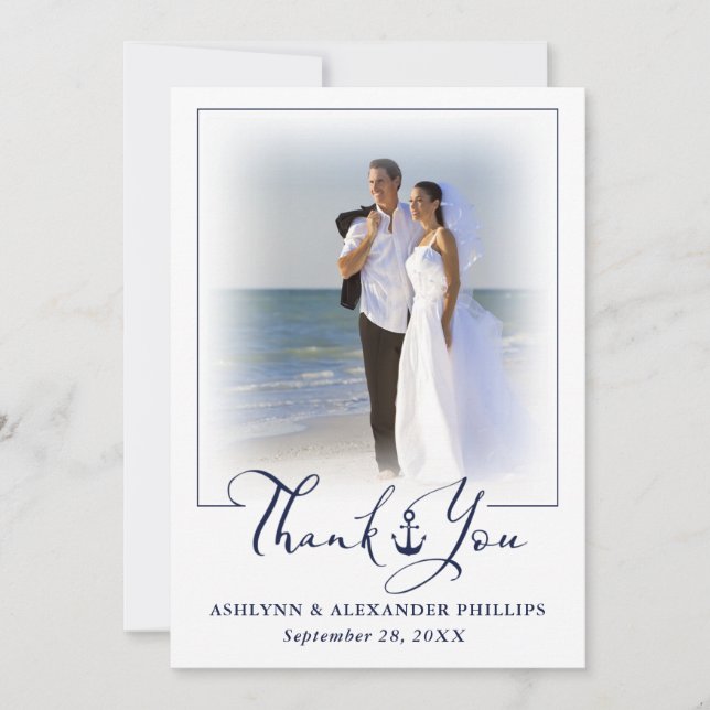 Wedding Nautical Anchor 2 Photos Script Thank You Card (Front)