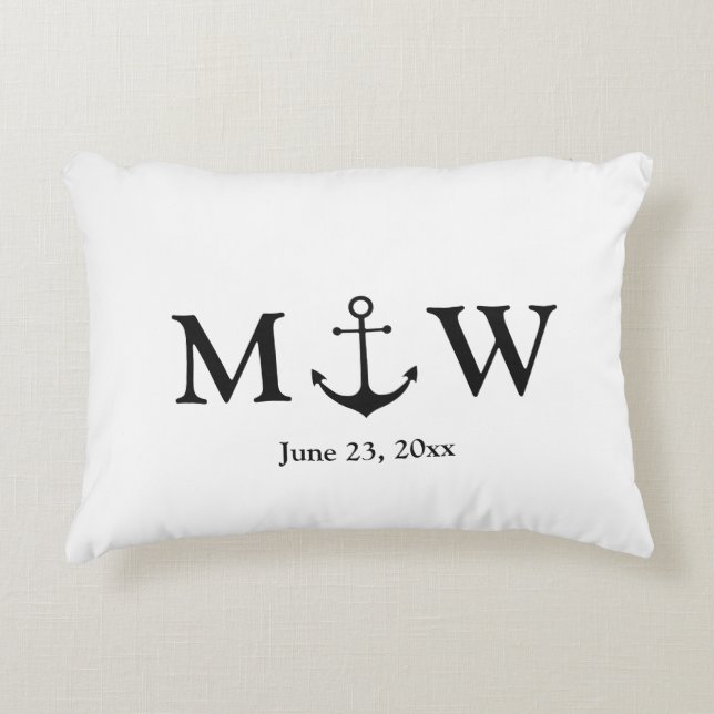 Wedding nautical anchor black and white monogram  decorative cushion (Front)