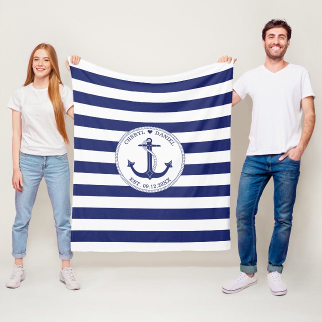 Wedding  Nautical Anchor Blue Stripe Monogram Fleece Blanket (In Situ)