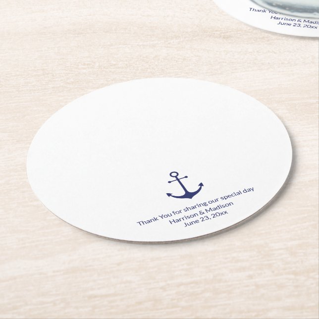 Wedding nautical anchor navy blue and white round paper coaster (Angled)