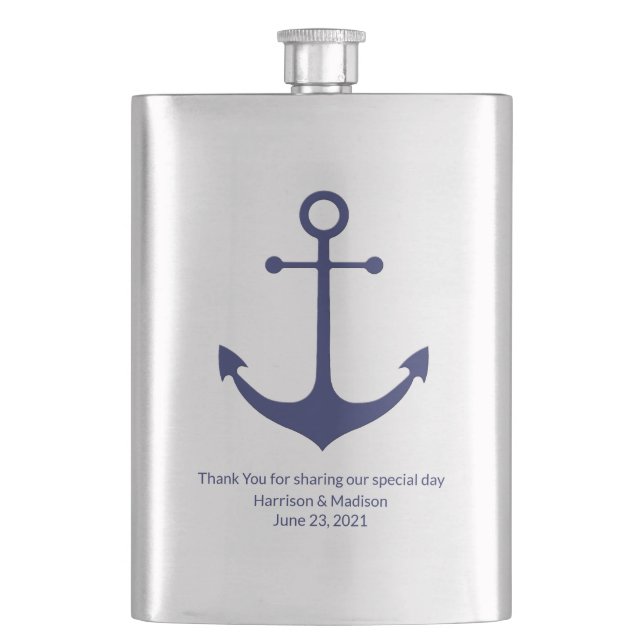 Wedding nautical anchor navy blue favours hip flask (Front)