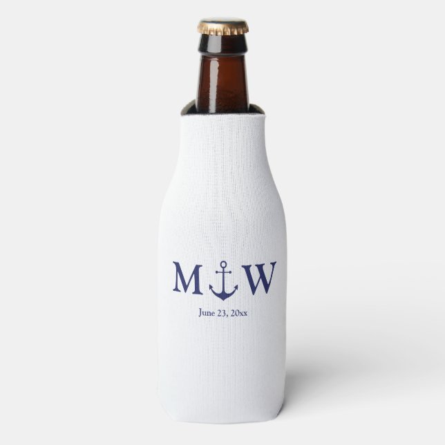 Wedding nautical anchor navy blue monogram favours bottle cooler (Bottle Front)
