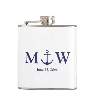 Wedding nautical anchor navy blue monogram favours hip flask