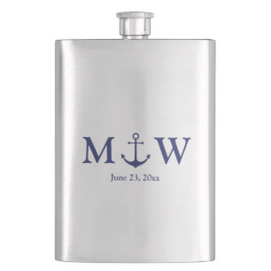 Wedding nautical anchor navy blue monogram favours hip flask