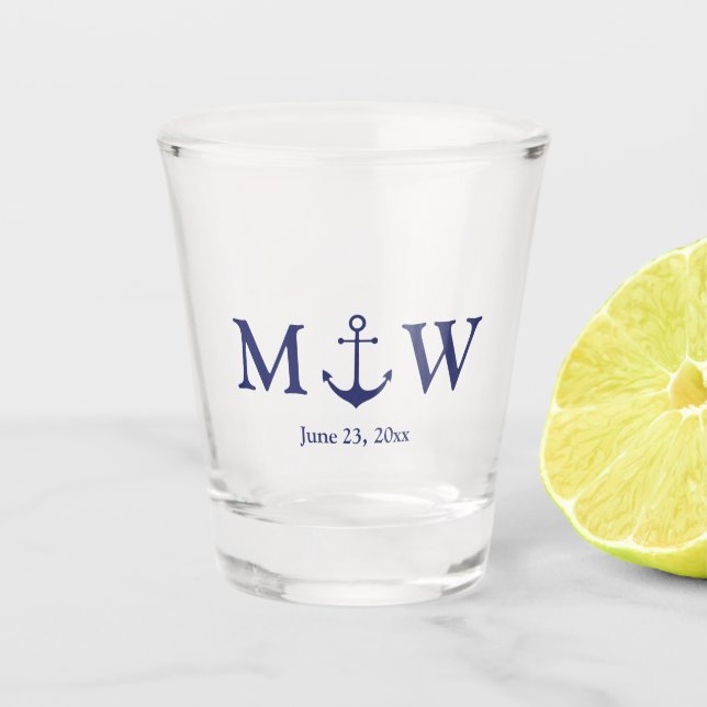 Wedding nautical anchor navy blue monogram favours shot glass (Front)